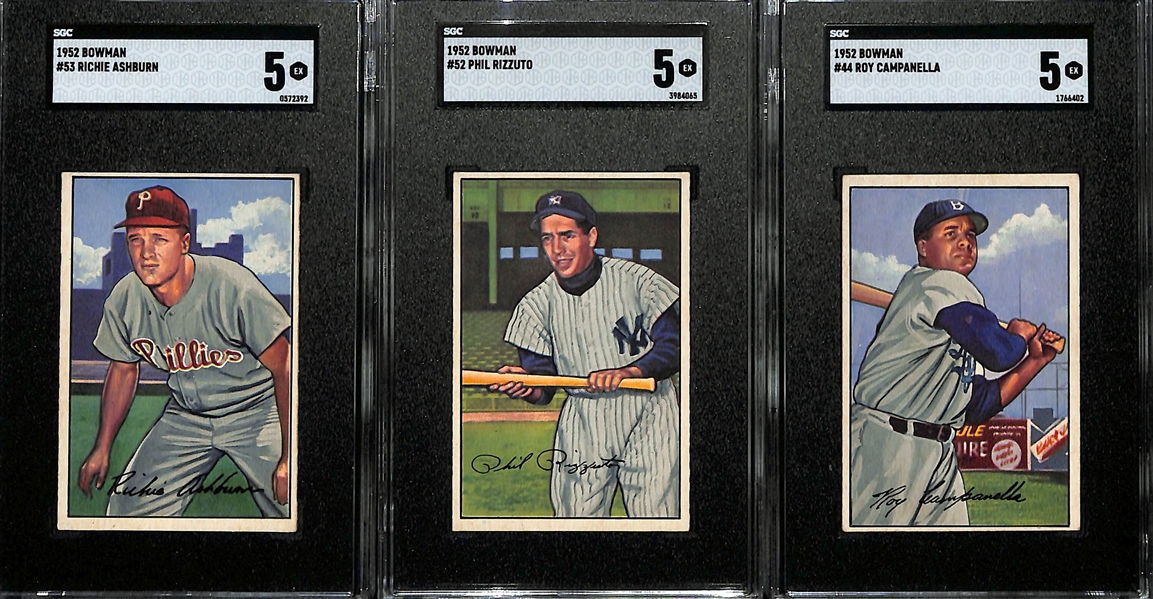 Lot of (3) 1952 Bowman w. Ashburn, Rizzuto, Campanella - All Graded SGC 5