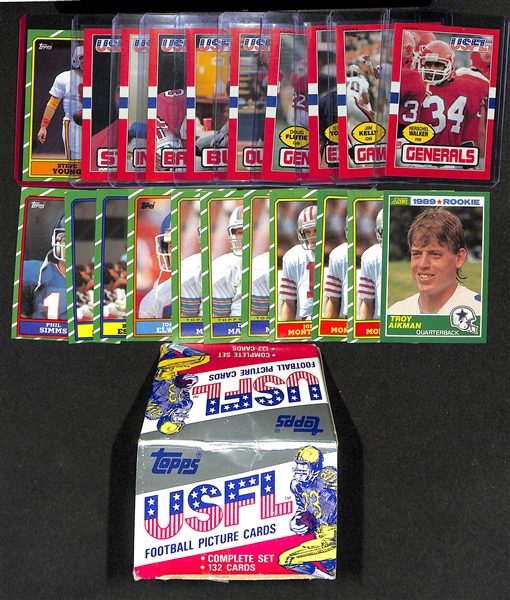 Lot of (130+) 1980s Football Cards inc. 1985 Topps USFL Complete Set with Herschel Walker, Jim Kelly, Steve Young, +