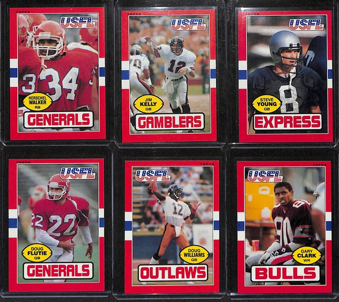 Lot of (130+) 1980s Football Cards inc. 1985 Topps USFL Complete Set with Herschel Walker, Jim Kelly, Steve Young, +