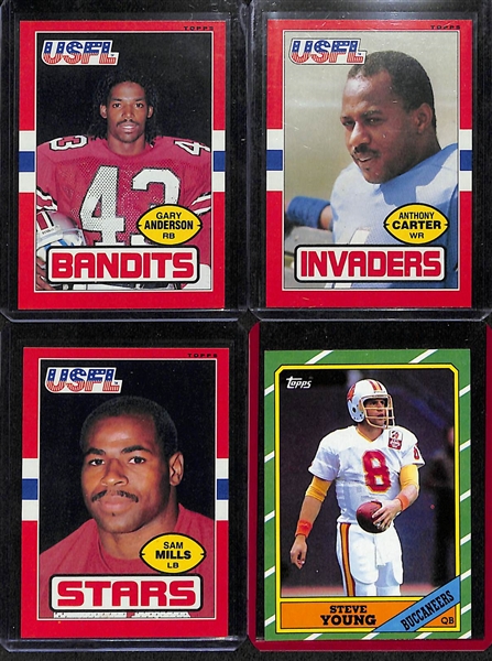 Lot of (130+) 1980s Football Cards inc. 1985 Topps USFL Complete Set with Herschel Walker, Jim Kelly, Steve Young, +