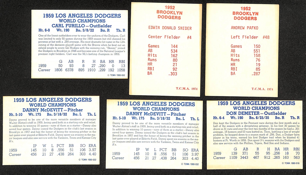 Lot of (6) Signed TCMA Brooklyn Dodgers Cards inc. Carl Furillo, Duke Snider, Andy Pafko, (2) Danny McDevitt, Don Demeter (JSA Auction Letter)