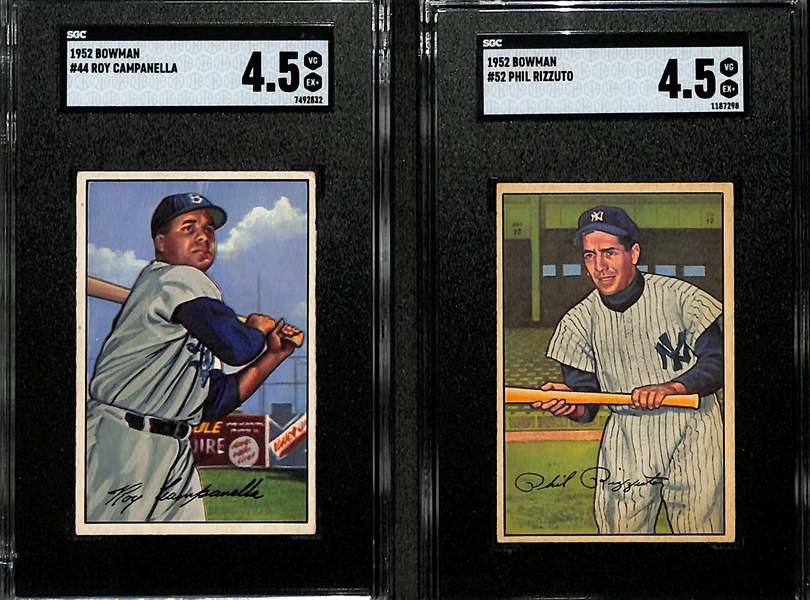 Lot of (2) 1952 Bowman Baseball Cards w. Roy Campanella #44 & Phil Rizzuto #52 - Both SGC 4.5  