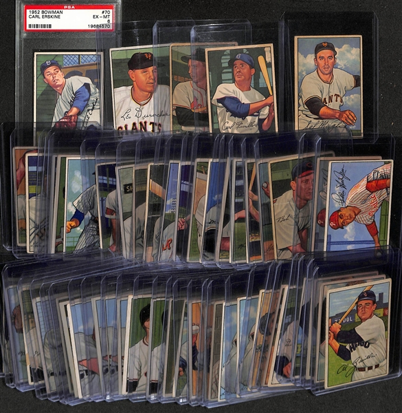 Lot of (50) Assorted 1952 Bowman Baseball Cards w. Leo Durocher & Carl Erskine PSA 6