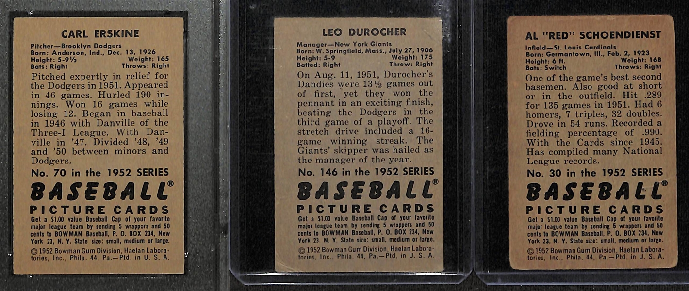 Lot of (50) Assorted 1952 Bowman Baseball Cards w. Leo Durocher & Carl Erskine PSA 6