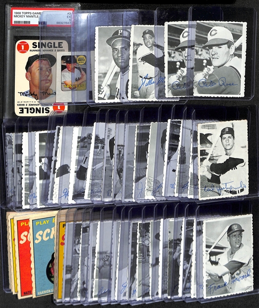 Lot of (48) Topps Insert Cards From 1968-1970 w. 1968 Topps Game Mickey Mantle PSA 5 & 1969 Topps Mantle Decal