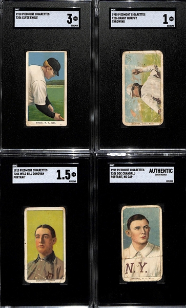 (4) 1909-11 T206 Cards - Clyde Engle (SGC 3), Danny Murphy Horizontal Card (SGC 1), Wild Bill Donovan (SGC 1.5), & Doc Crandall (SGC Authentic)