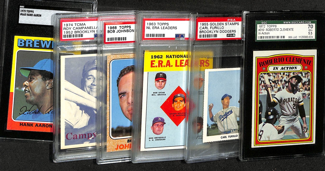 Lot of (7) Graded Baseball Cards (Primarily Topps) from 1955-1975 w. 1972 Topps Roberto Clemente IA SGC 5.5