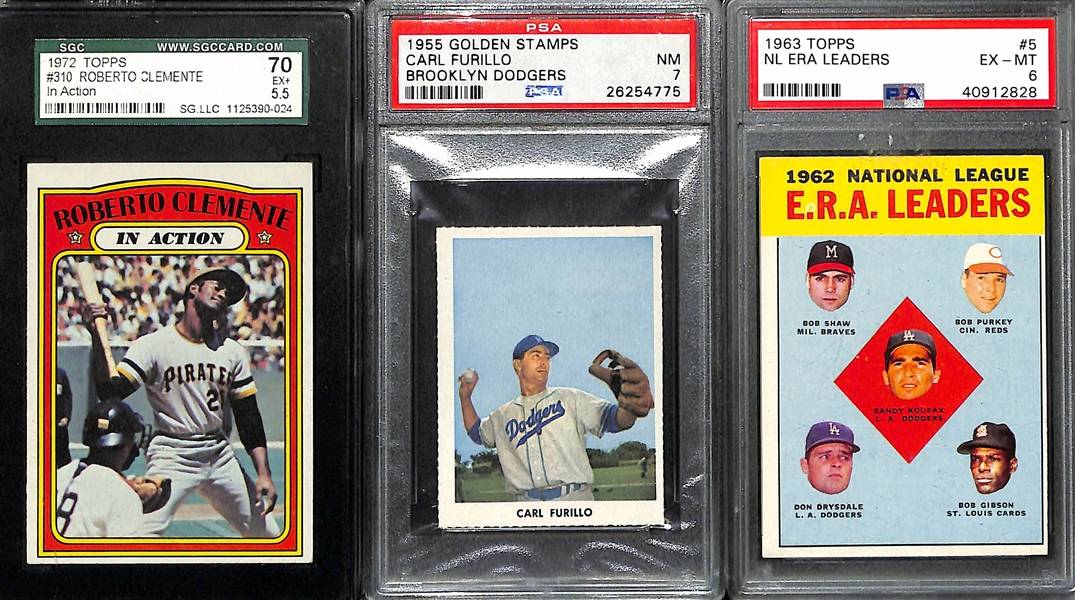 Lot of (7) Graded Baseball Cards (Primarily Topps) from 1955-1975 w. 1972 Topps Roberto Clemente IA SGC 5.5