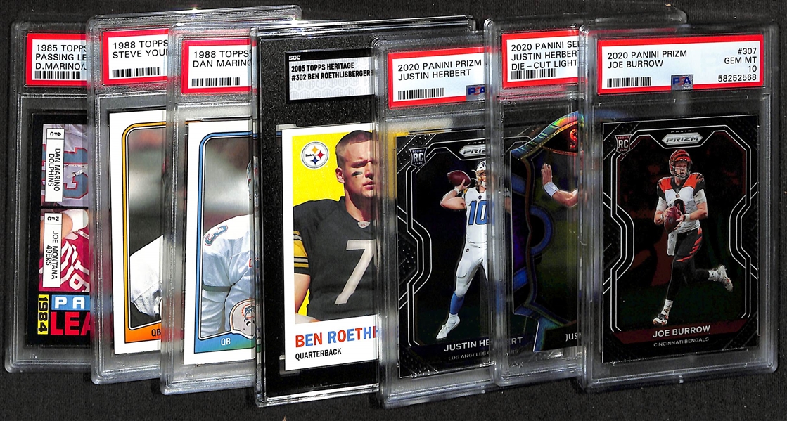 Lot of (7) Football Graded Cards from 1985-2020 w. 2020 Panini Prizm Joe Burrow RC PSA 10