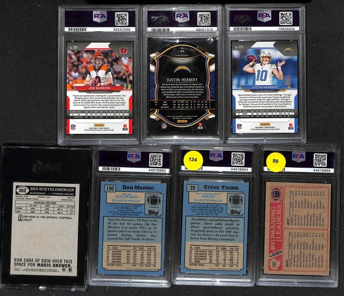 Lot of (7) Football Graded Cards from 1985-2020 w. 2020 Panini Prizm Joe Burrow RC PSA 10