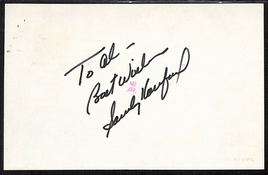 Sandy Koufax Signed Index Card (JSA Auction Letter)