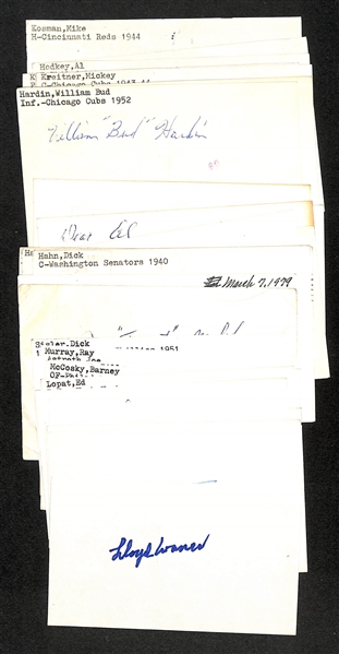 Lot of (20+) Signed Mostly Baseball Index Cards inc. Lloyd Waner, Leo Durocher, Carl Hubbell, Judy Johnson, Johnny Mize, + (JSA Auction Letter)