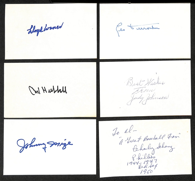 Lot of (20+) Signed Mostly Baseball Index Cards inc. Lloyd Waner, Leo Durocher, Carl Hubbell, Judy Johnson, Johnny Mize, + (JSA Auction Letter)