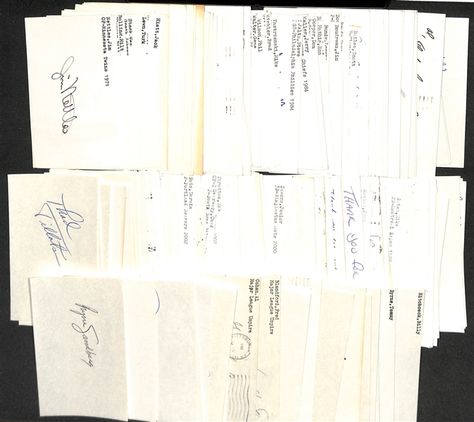 Lot of (150+) Signed Mostly Baseball Index Cards inc. Ryne Sandberg, Johnny Mize, Buck Leonard, Edd Roush, + (JSA Auction Letter)