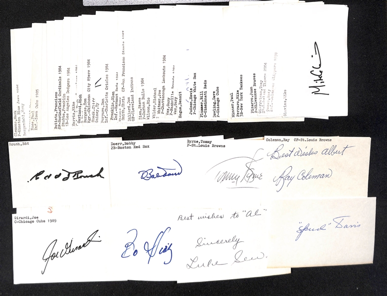 Lot of (100+) Signed Mostly Baseball Index Cards inc. Edd Roush, Bobby Doerr, Tommy Byrne, Ray Coleman, + (JSA Auction Letter)