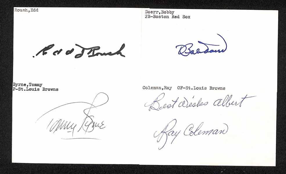 Lot of (100+) Signed Mostly Baseball Index Cards inc. Edd Roush, Bobby Doerr, Tommy Byrne, Ray Coleman, + (JSA Auction Letter)