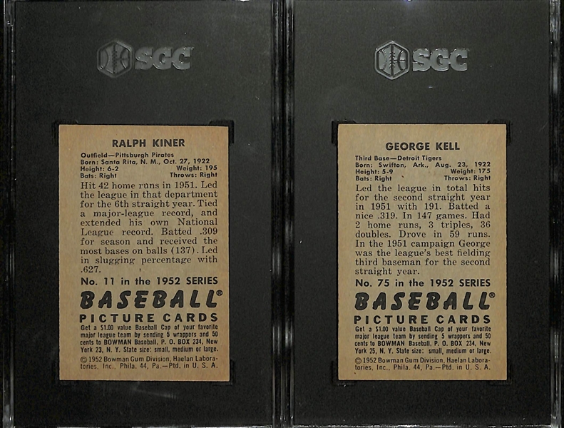 (2) Graded 1952 Bowman Baseball Cards w. Ralph Kiner & George Kell - Both SGC 6 