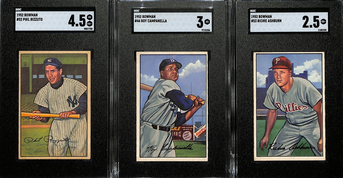 Lot of (3) 1952 SGC Graded Bowman Baseball Cards w. Rizzuto, Campanella, & Ashburn