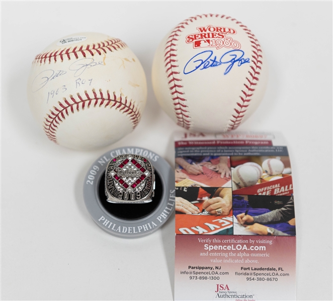 (2) Signed Pete Rose Baseballs & 2009 Phillies Cole Hamels NL Champions Replica Ring (JSA Auction Letter)