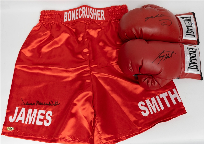 Boxing Memorabilia Lot w. (2) Signed Boxing Gloves (Larry Holmes & Sugar Ray Leonard) & Signed James Bonecrusher Smith Red Trunks (+JSA Auction Letter)