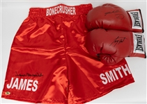 Boxing Memorabilia Lot w. (2) Signed Boxing Gloves (Larry Holmes & Sugar Ray Leonard) & Signed James "Bonecrusher" Smith Red Trunks (+JSA Auction Letter)