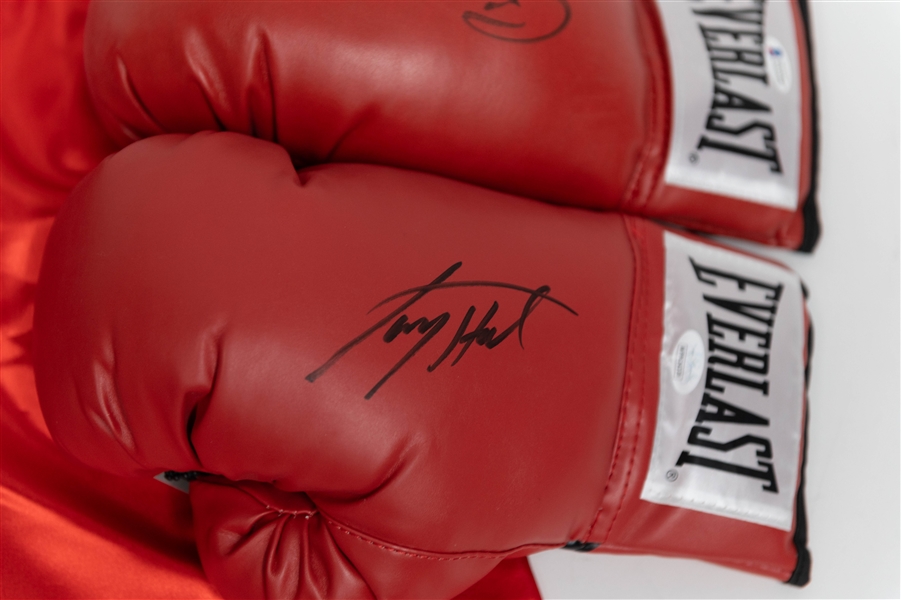 Boxing Memorabilia Lot w. (2) Signed Boxing Gloves (Larry Holmes & Sugar Ray Leonard) & Signed James Bonecrusher Smith Red Trunks (+JSA Auction Letter)