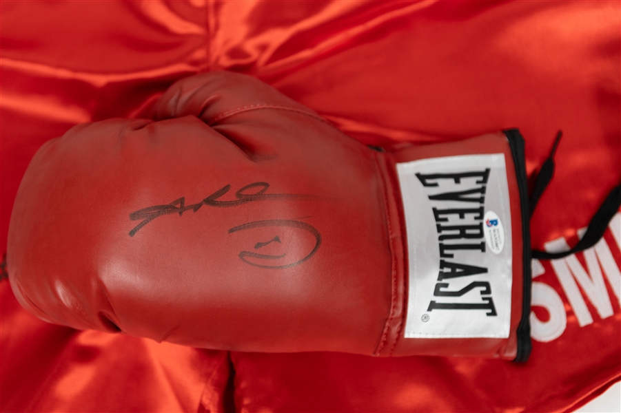 Boxing Memorabilia Lot w. (2) Signed Boxing Gloves (Larry Holmes & Sugar Ray Leonard) & Signed James Bonecrusher Smith Red Trunks (+JSA Auction Letter)