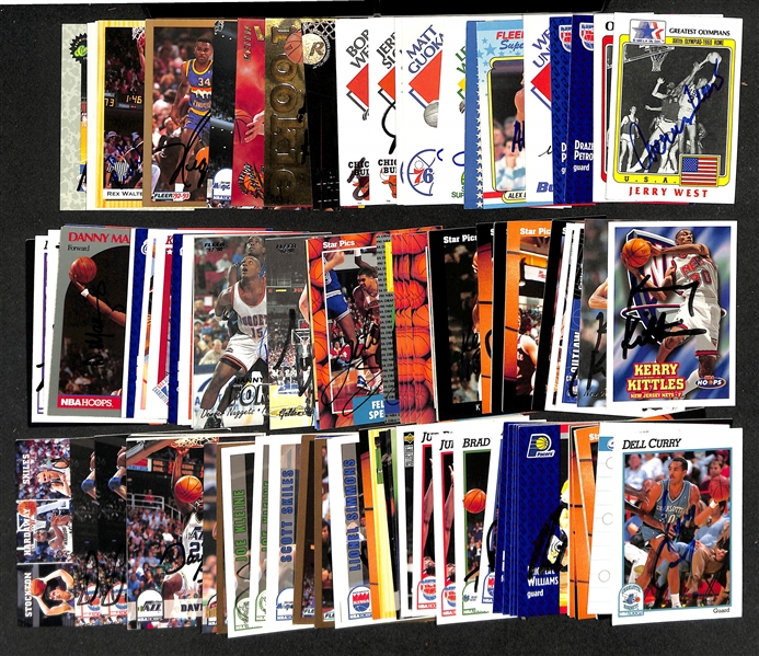 Lot of (70+) Signed Basketball Cards inc. (2) Jerry West, (2) Drazen Petrovic, Wes Unseld, (2) Alex English, (2) Lenny Wilkens, + (JSA Auction Letter)