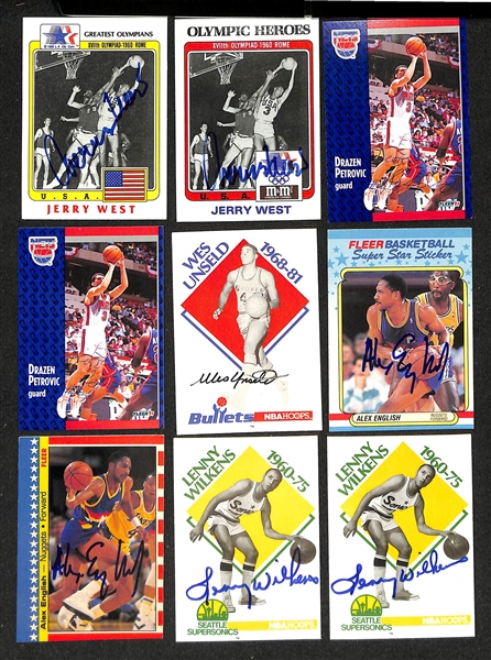 Lot of (70+) Signed Basketball Cards inc. (2) Jerry West, (2) Drazen Petrovic, Wes Unseld, (2) Alex English, (2) Lenny Wilkens, + (JSA Auction Letter)