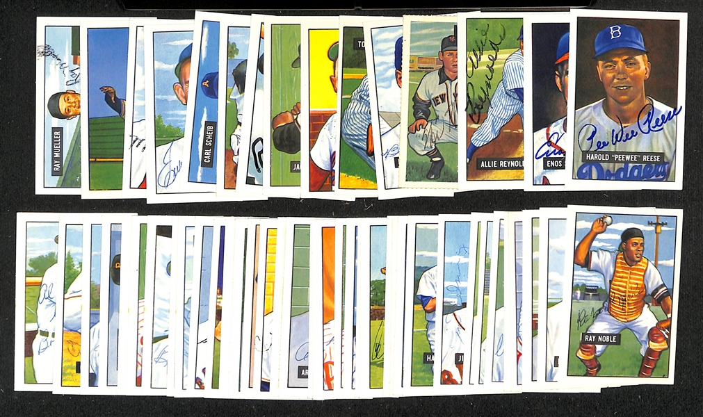 Lot of (45+) Signed 1951 Bowman Reprint Cards inc. PeeWee Reese, Enos Slaughter, Allie Reynolds, Wes Westrum, Bobby Adams, + (JSA Auction Letter)