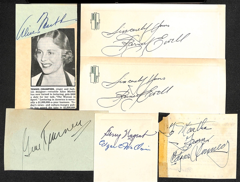 (6) Vintage Sports Autographs - Alice Marble (Tennis - 18 Grand Slams 1936-1940), (2) Barney Ewell (1948 Gold Medalist), Gene Tunney (Boxing), Gerry Nugent (Phillies Owner 1932-1942), Edgar Kennedy...