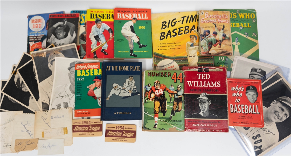 Lot of Mostly Boston-Related Vintage Items Inc. (13) Books, (2) 1954 Red Sox Schedules, Team-Issued Red Sox Photos, & (7) Autographs (Inc. Spahn, Zarilla, Holmes, Parnell, +) - JSA Auction Letter