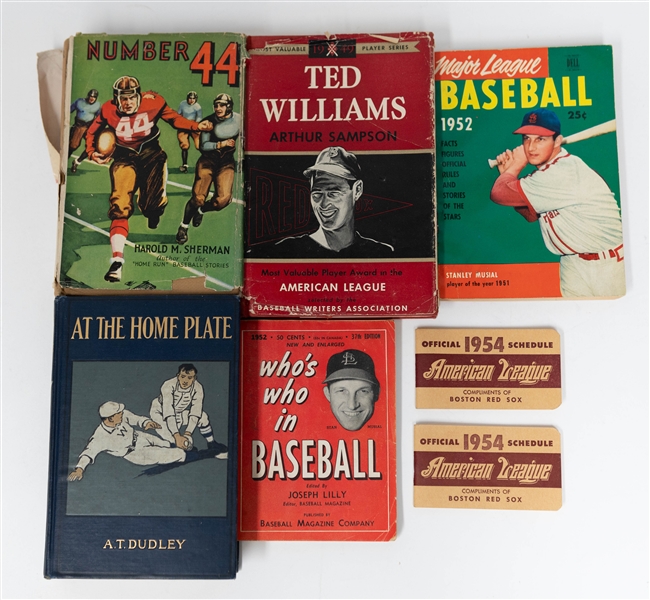 Lot of Mostly Boston-Related Vintage Items Inc. (13) Books, (2) 1954 Red Sox Schedules, Team-Issued Red Sox Photos, & (7) Autographs (Inc. Spahn, Zarilla, Holmes, Parnell, +) - JSA Auction Letter