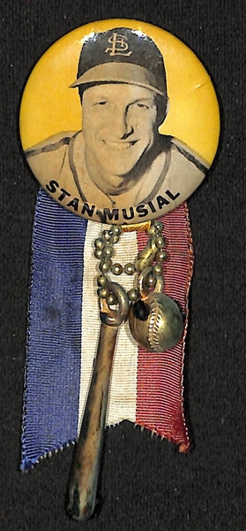 Rare 1950s Stan Musial PM1- Stadium Pin w. Original Ribbon & Ball/Bat Charms