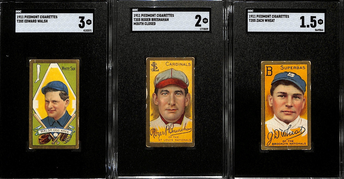 (3) 1911 T205 Piedmont Cigarettes Cards - Ed Walsh (SGC 3), Roger Bresnahan (SGC 2), & Zach Wheat (SGC 1.5)