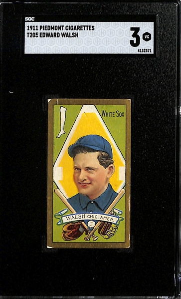 (3) 1911 T205 Piedmont Cigarettes Cards - Ed Walsh (SGC 3), Roger Bresnahan (SGC 2), & Zach Wheat (SGC 1.5)