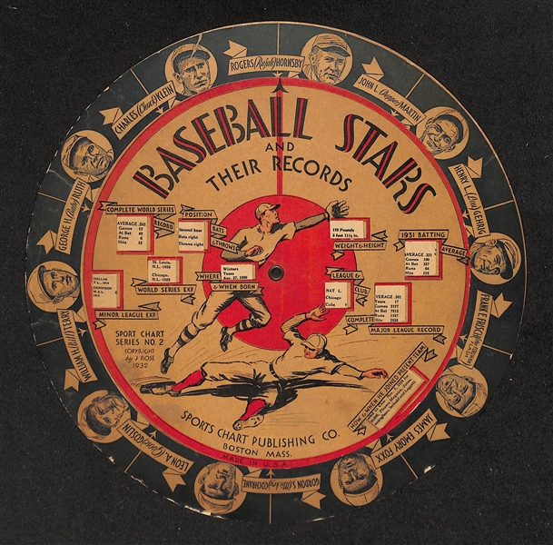 RARE 1932 Sports Chart Publishing  Baseball Stars Game Disc wi. Babe Ruth, Lou Gehrig, Foxx, Hornsby, +