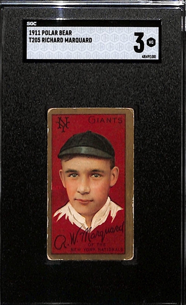 1911 T205 Gold Border (Polar Bear Back) Rube Richard Marquard (HOF) Piedmont Cigarettes Tobacco Card Graded SGC 3