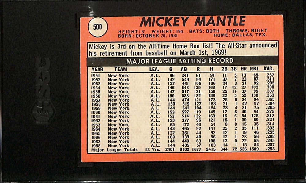 1969 Topps Mickey Mantle #500 Graded SGC 4