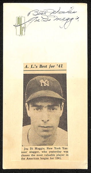 Joe DiMaggio (HOF) Signed Stationary Card (JSA Auction Letter) dated July 19, 1941 