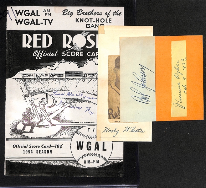 Nellie Fox (d. 1975)  & Lena Blackburne (d. 1968) Signed 1954 Lancaster Red Rose Score Card Cover (JSA Auction Letter) & (3) Philadelphia A's Autographed Cuts