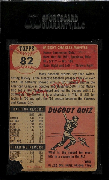 1953 Topps Mickey Mantle Yankees Card #82 HOF - SGC Authentic