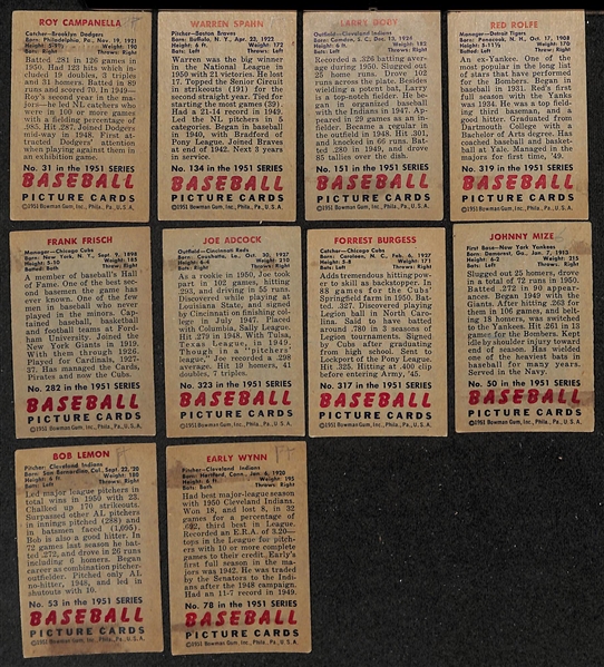 Lot of (199) Different 1951 Bowman Baseball Cards (Card Between #4 and #324) w. Campanella & Spahn (slight pencil markings)