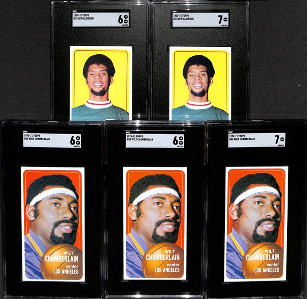 1970-71 Topps Basketball Cards - (2) Lew Alcindor (2nd year) & (3) Wilt Chamberlain Cards - All SGC 6 & 7s