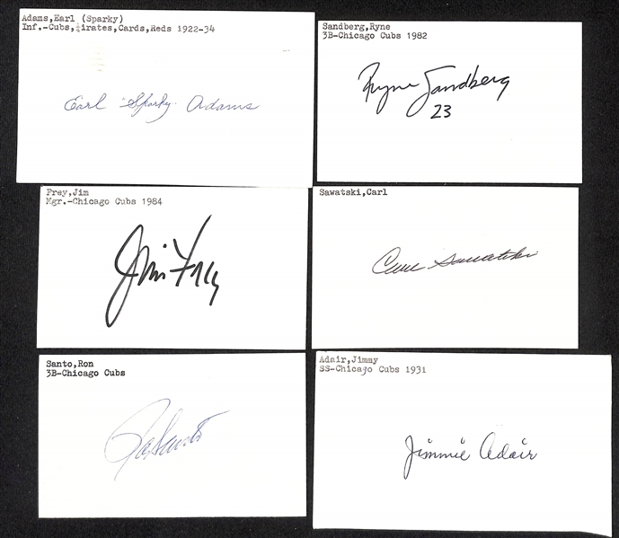 Lot of (50+) Signed Chicago Cubs Index Cards inc. Ryne Sandberg, Ron Santo, Carl Sawatski, Jim Frey, Earl Adams, + (JSA Auction Letter)