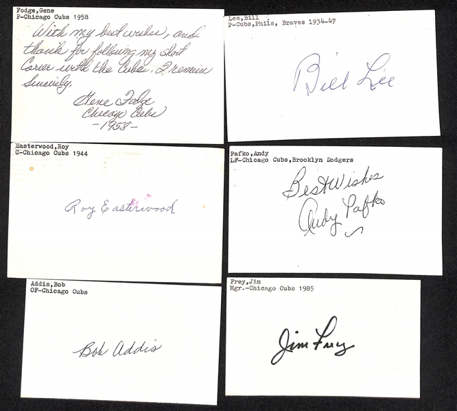 Lot of (50+) Signed Chicago Cubs Index Cards inc. Ryne Sandberg, Ron Santo, Carl Sawatski, Jim Frey, Earl Adams, + (JSA Auction Letter)