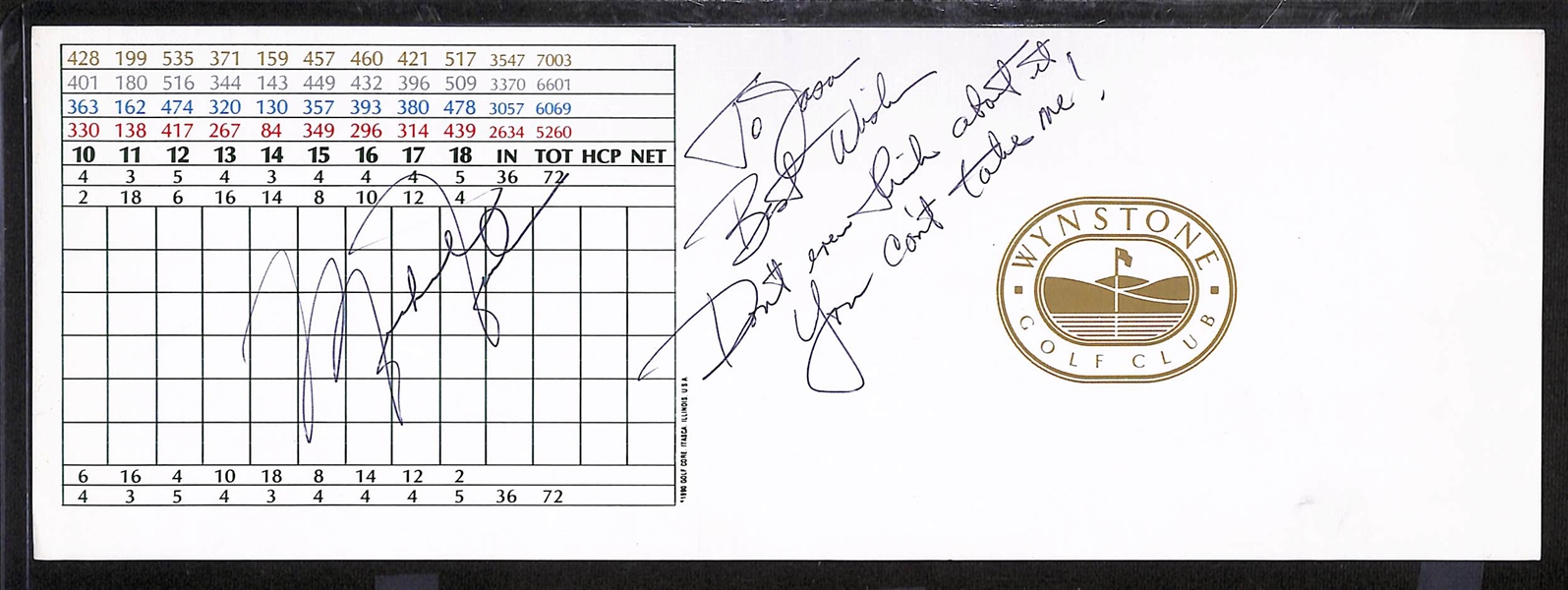 Very Unique Michael Jordan Signed Golf Score Card Inscribed To Jason, Best Wishes Don't Even Think About It.  You Can't Take Me! - Full JSA Auction Letter