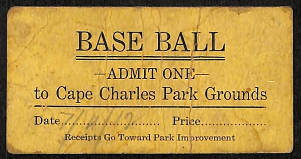 RARE 1912 Baseball Ticket Stub - Admitting One to Cape Charles Park Grounds