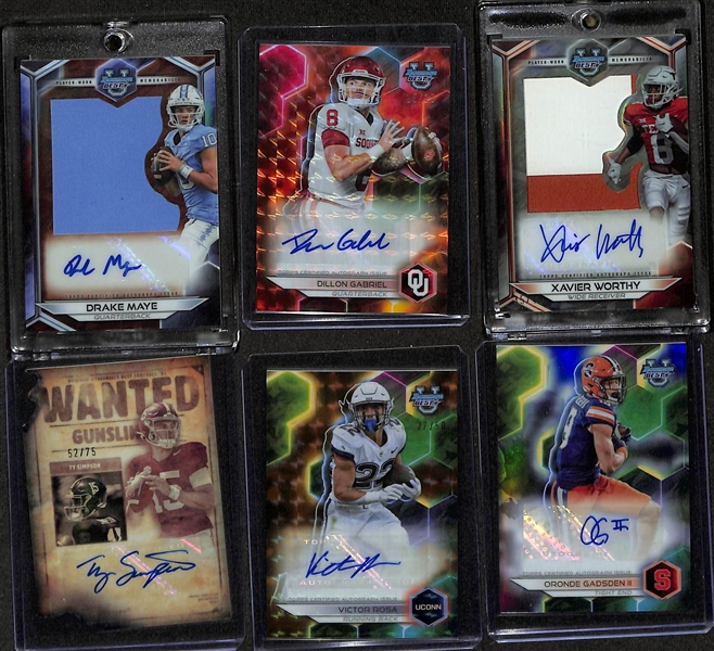 Lot of (6) 2023 Bowman's Best Autographed Football Cards W. Drake May Jumbo Patch Autograph, Dillon Gabriel Orange Geometric Autograph #/25, and Xavier Worthy Patch Autograph #/49 + more