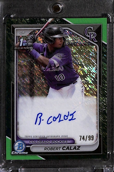 Lot of (5) 2024 Baseball Autograph Cards inc. Bowman Chrome Robert Calaz Green Shimmer (#/99), Pristine Fernando Tatis, +